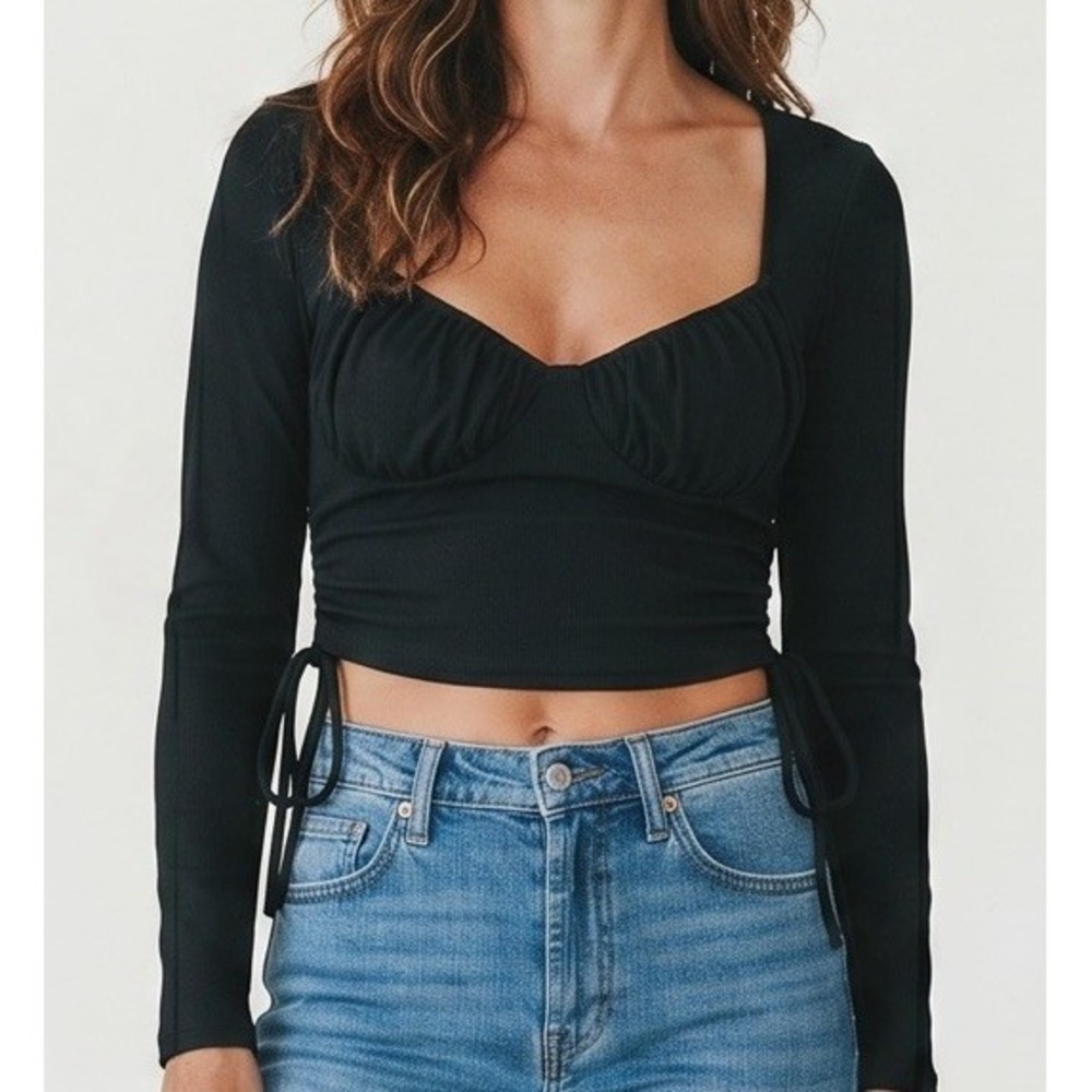 Princess‎ Polly Shirt Womens 8 Black Square Neck Long Sleeve Ruched Crop Top